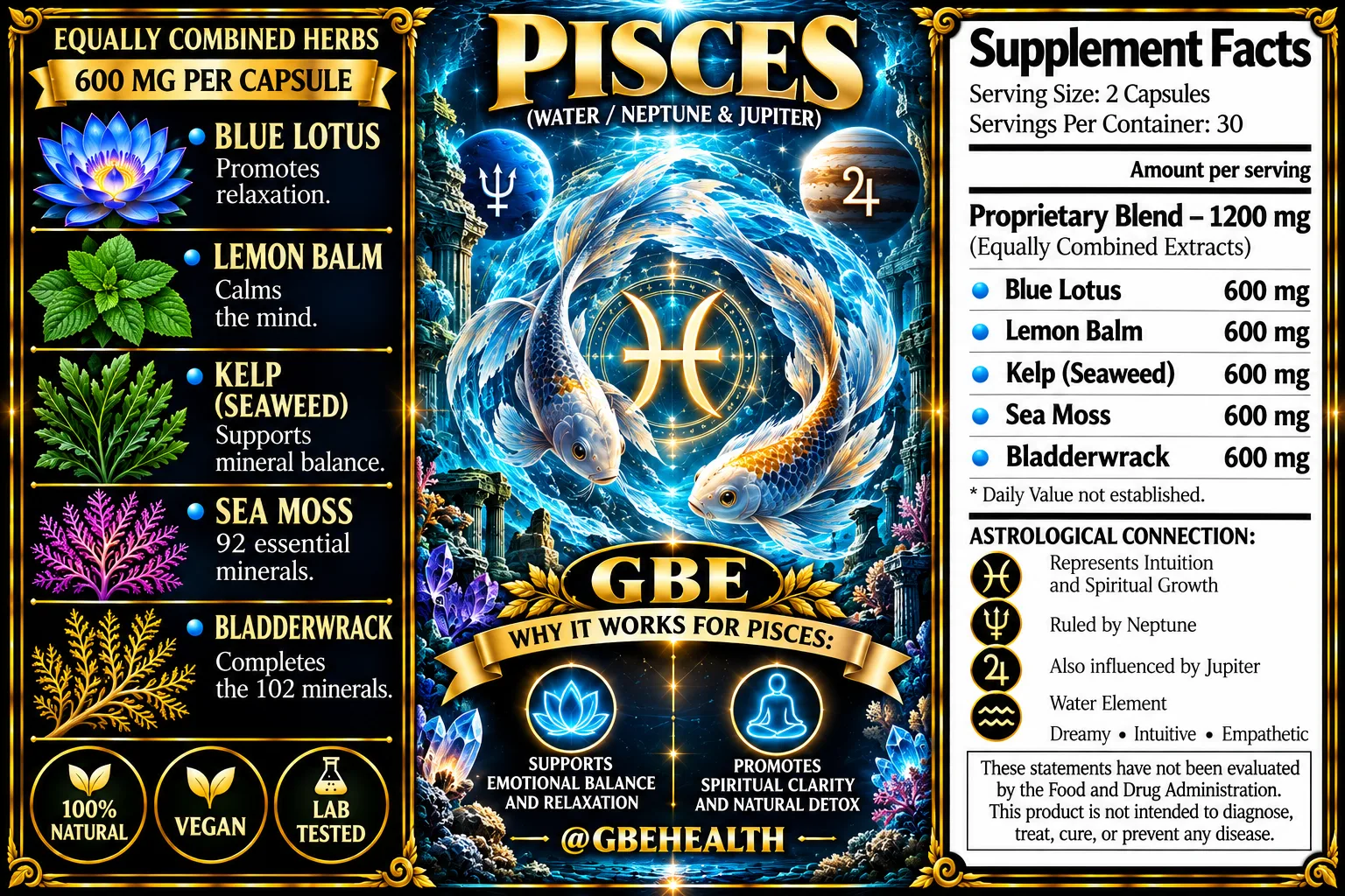 GBE Pisces (Water / Neptune & Jupiter) supplement label