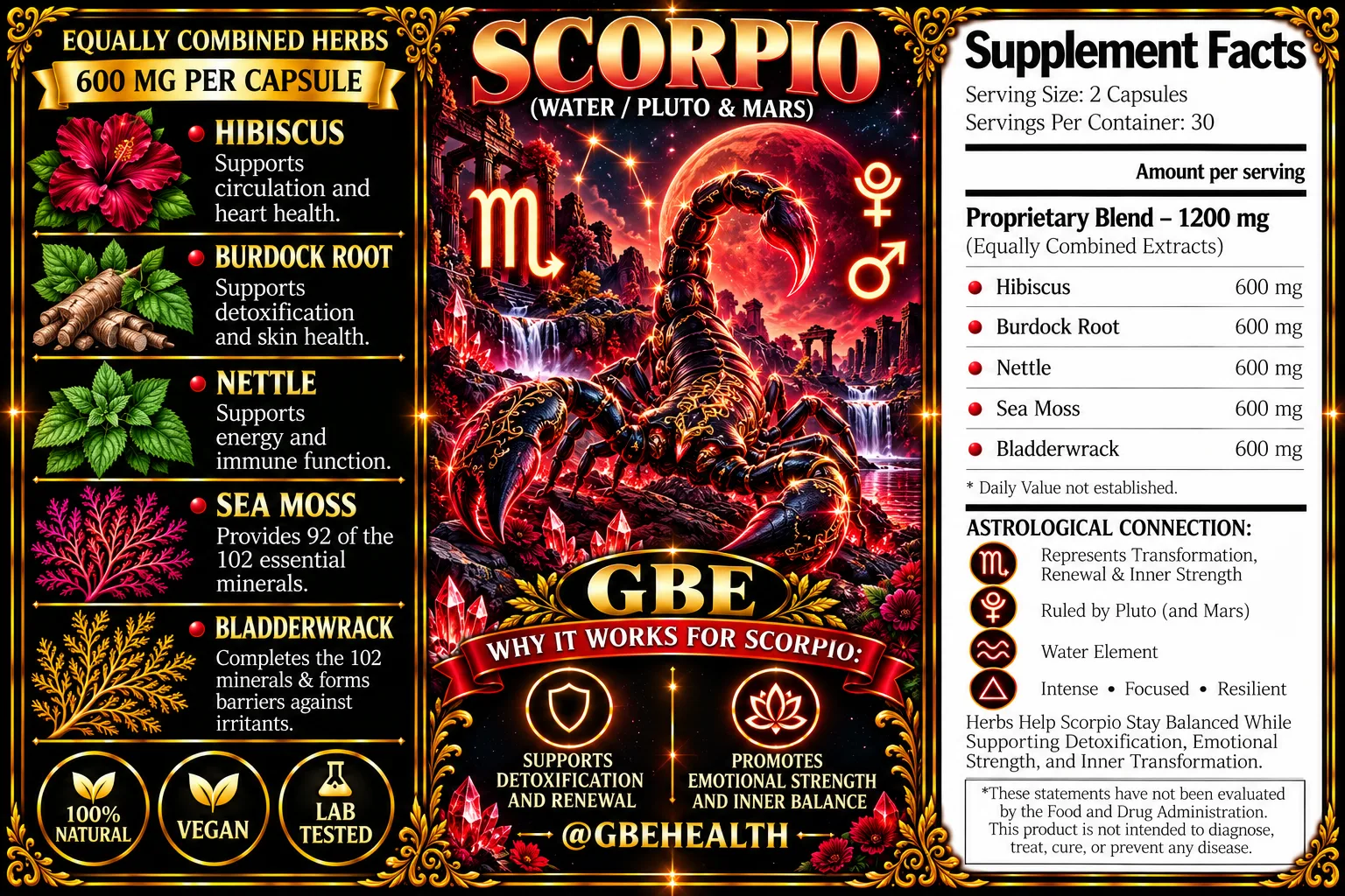 GBE Scorpio (Water / Pluto & Mars) supplement label