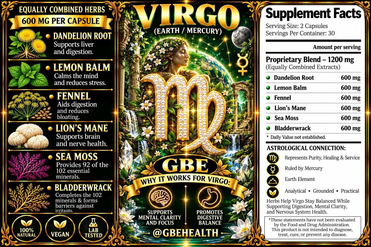 GBE Virgo (Earth / Mercury) supplement label